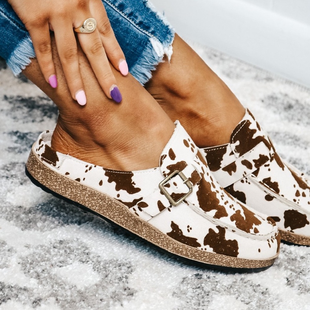 NIB Cow Tan Animal Print Buckle Slip On Shoes